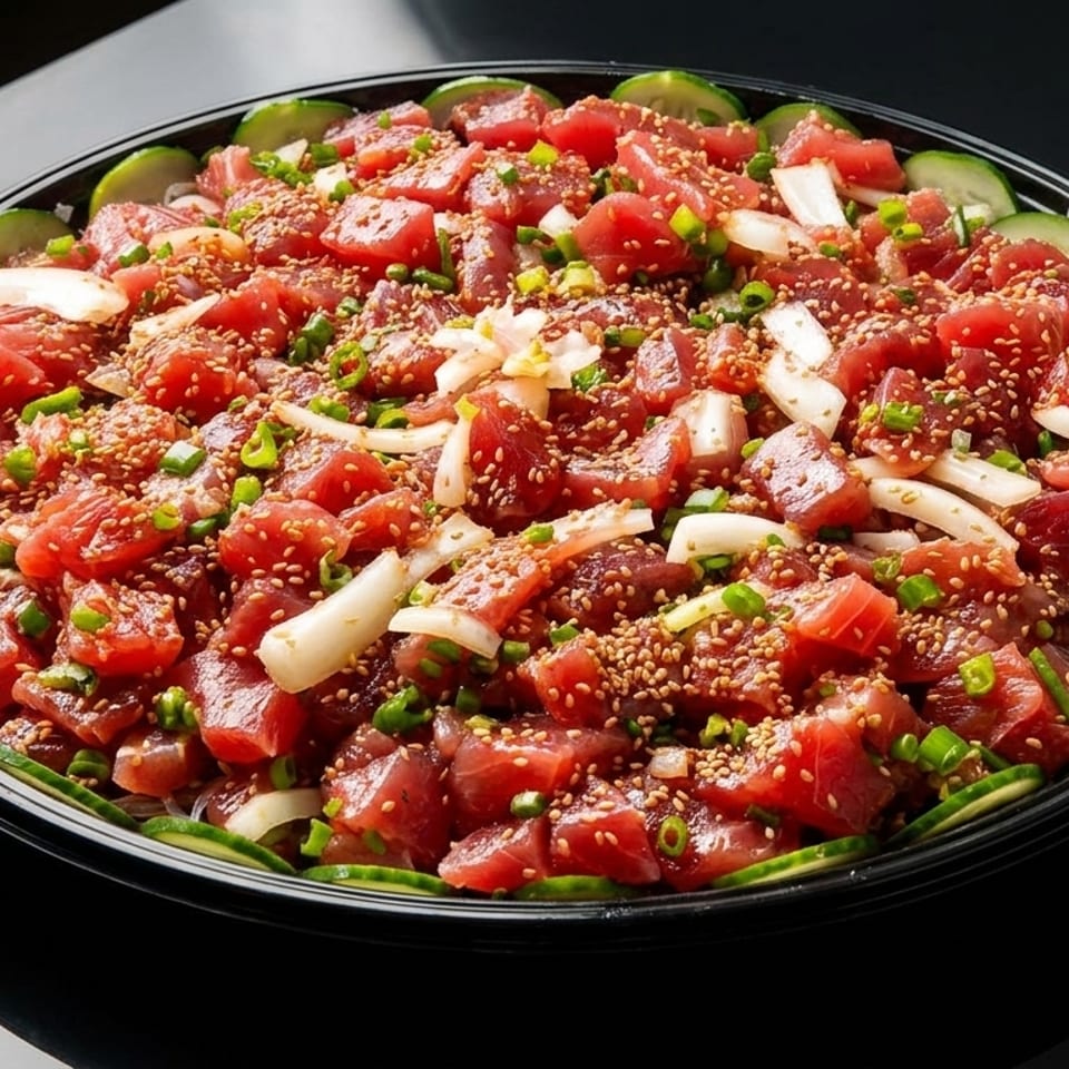 Large platter of poke with diced tuna, onions, green onions, and sesame seeds, garnished with cucumber slices.