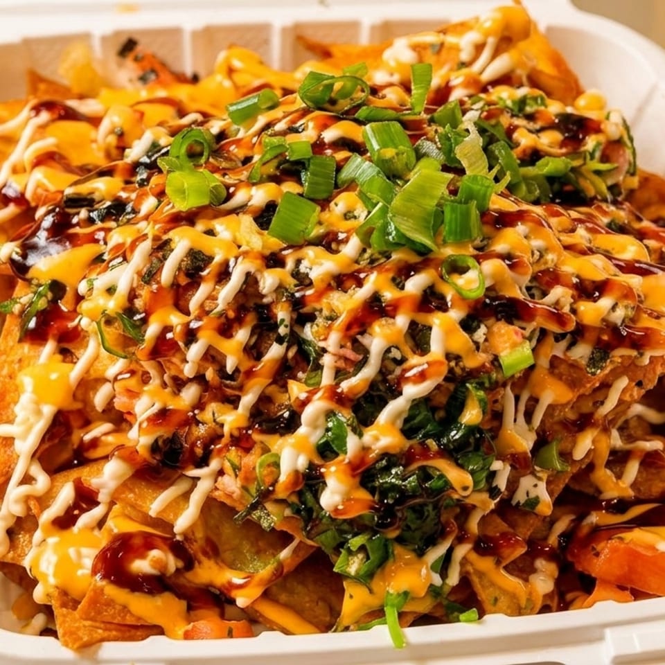 Crispy nachos topped with melted cheese, white and brown sauces, and fresh green onions in a white container.