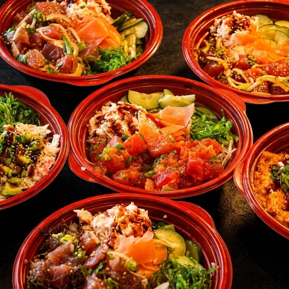 Six vibrant poke bowls with various toppings like salmon, tuna, avocado, and seaweed on a dark surface.