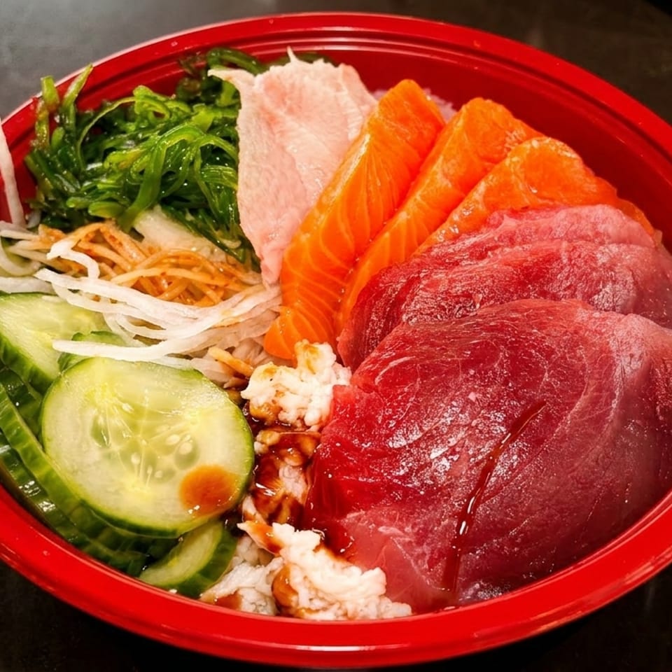 A vibrant poke bowl in a red dish, featuring tuna, salmon, cucumber, and seaweed.