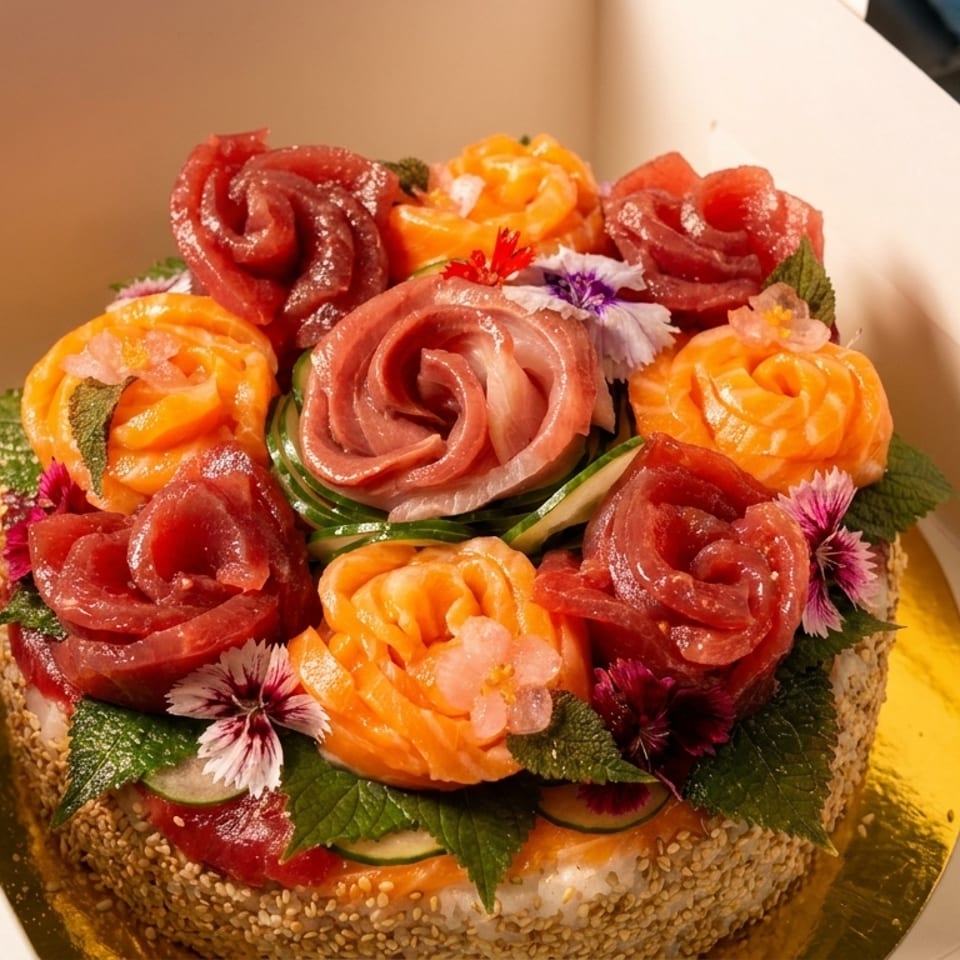 Sushi cake with tuna and salmon sashimi roses, garnished with herbs and edible flowers.