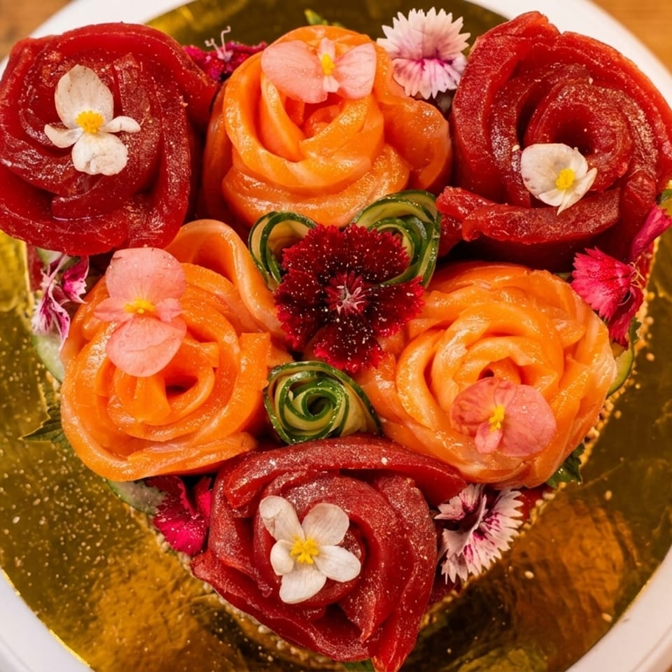 Heart-shaped sushi platter with salmon and tuna roses, garnished with edible flowers and cucumber.