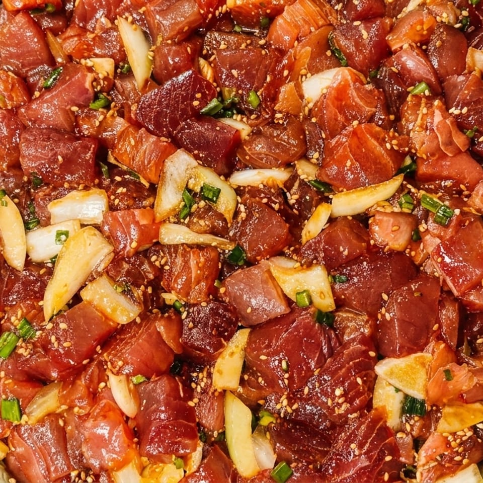 Close-up of a large platter of fresh tuna poke with onions, green onions, and sesame seeds.