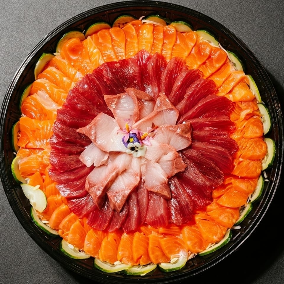 A large platter of sashimi arranged in concentric circles of salmon, tuna, and white fish.