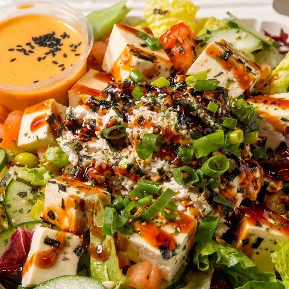 Tofu poke bowl with dressing, green onions, seaweed, tomatoes, and cucumbers in a white container.