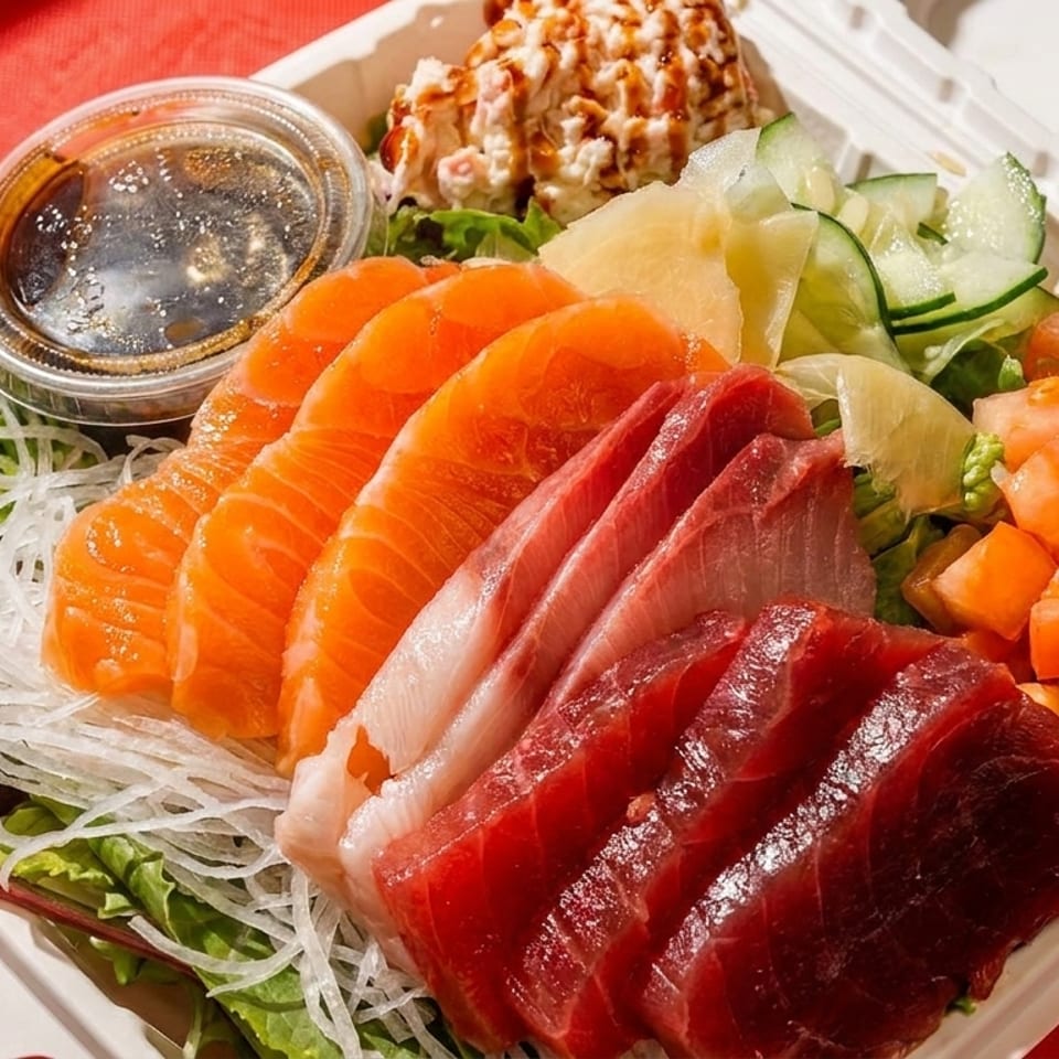 Sashimi platter with salmon, tuna, and yellowtail, alongside salad, tomatoes, and sauce in a takeout container.