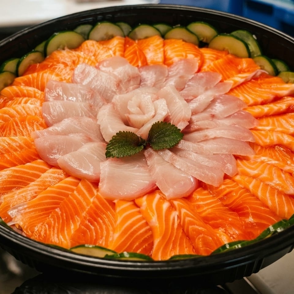 A large platter of salmon and white fish sashimi, garnished with cucumber slices and mint leaves.